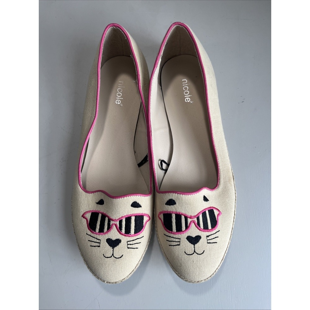 Nicole Flats Cat Face Rachelle Beige Pink Embroidered Slip On US sz 9 Flirty Fun
